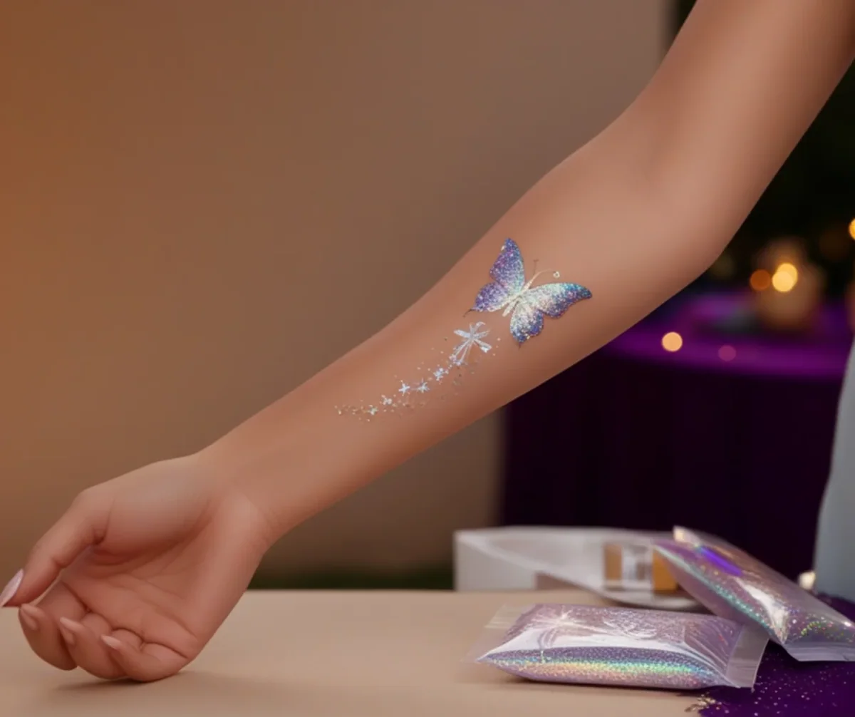A finished butterfly glitter tattoo on a guest's forearm