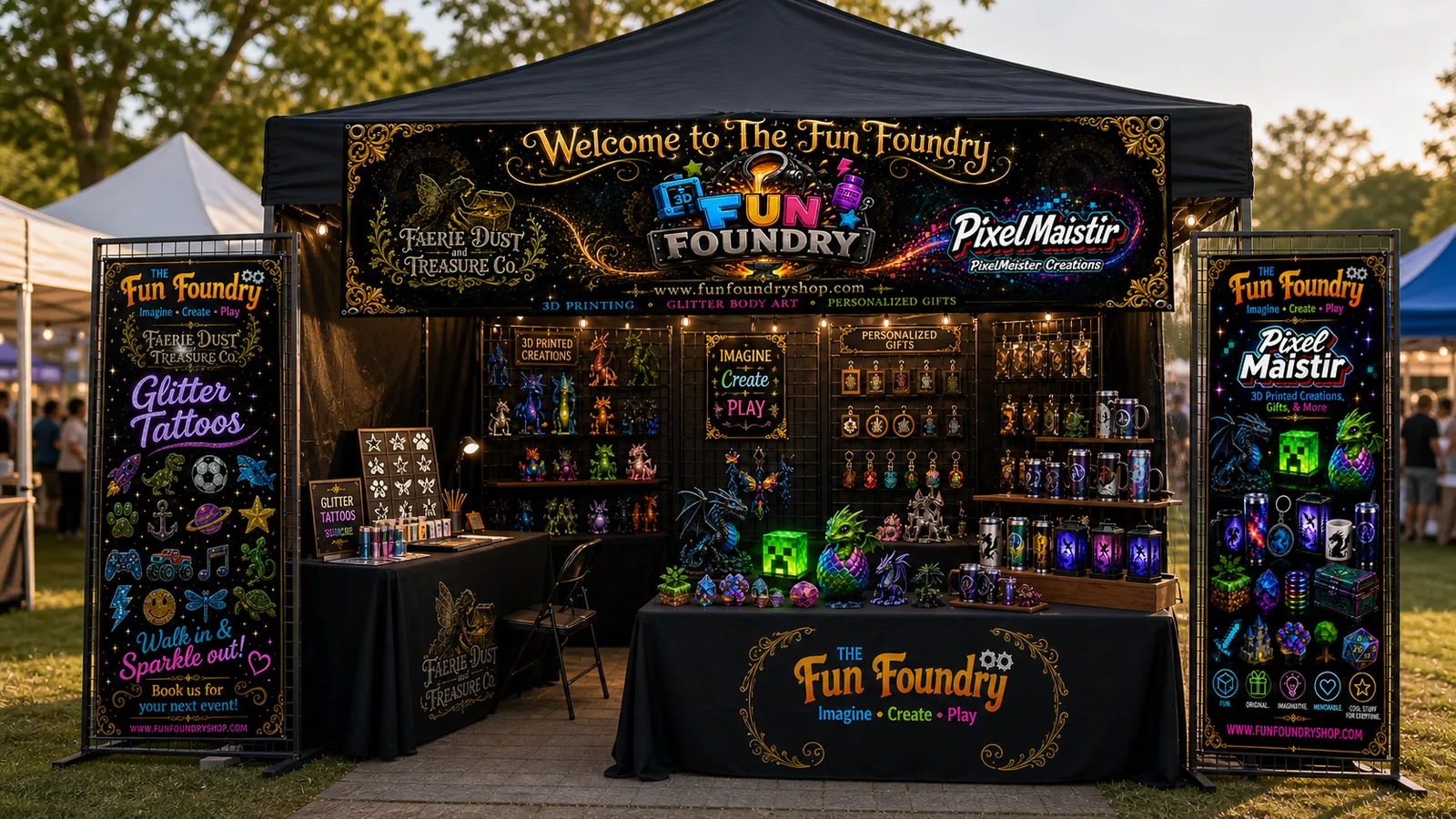 Black Fun Foundry festival canopy with a glitter tattoo station, colorful 3D creations, partner banners, and an open visitor path